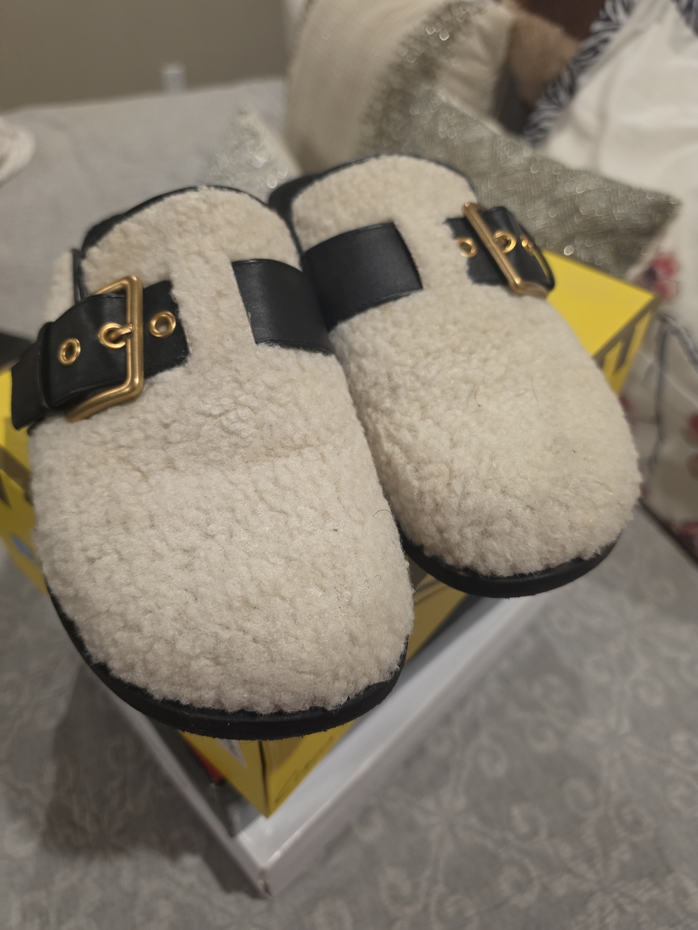 Sherpa Slip-On Mules with Black Leather Strap and Gold Buckle - Cream